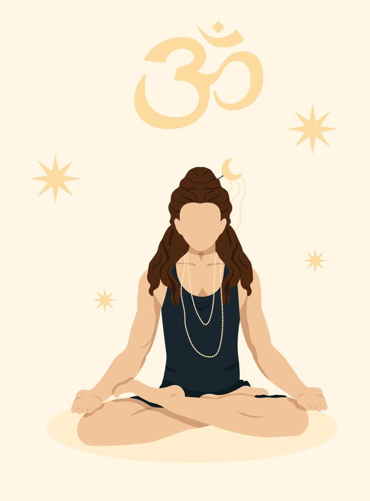 een Mens in een lotus positie met lang haar- doet yoga teken namaste yoga studio poster vector