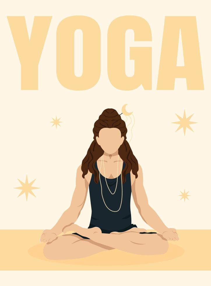 een Mens in een lotus positie met lang haar- doet yoga yoga studio poster vector