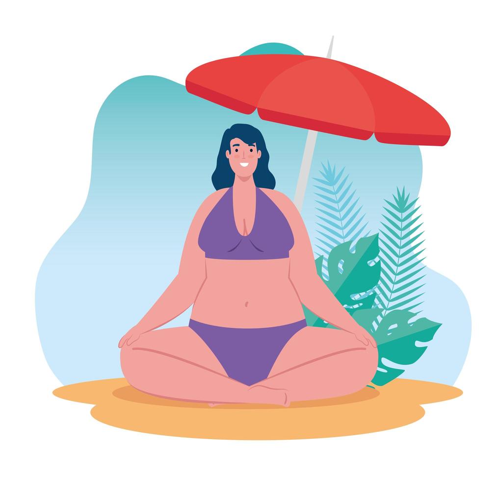 leuke vrouw in een zwembroek zittend op het strand, zomervakantie seizoen vector