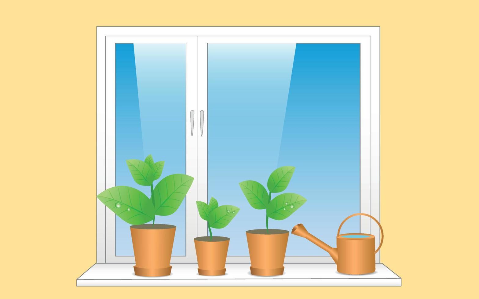 zaailingen in voorjaar in potten staan Aan de vensterbank, gieter kan. jong planten Aan de venster, lucht. modern vlak vector illustratie zonder raster Effecten