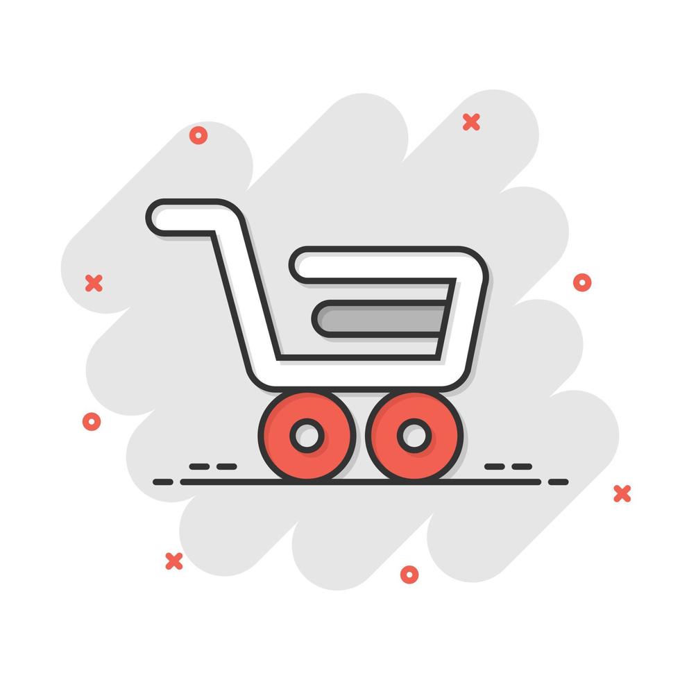 boodschappen doen kar icoon in grappig stijl. trolley tekenfilm vector illustratie Aan wit geïsoleerd achtergrond. mand plons effect bedrijf concept.