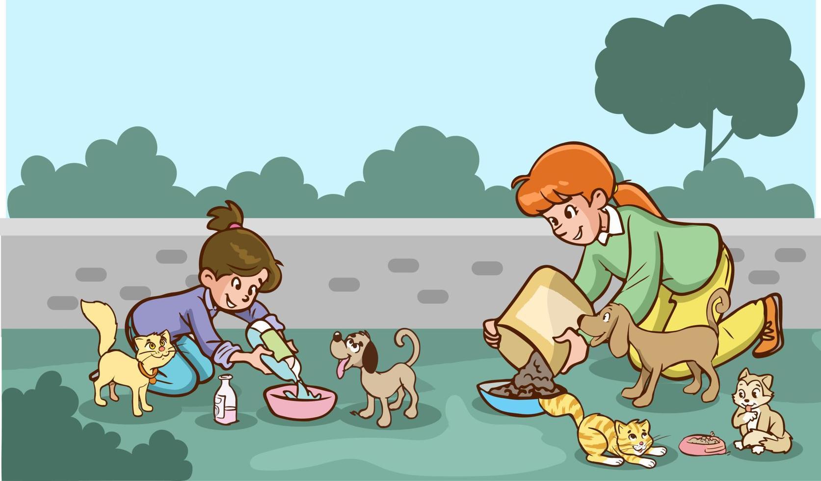 moeder en kinderen voeden verdwaald dieren tekenfilm vector
