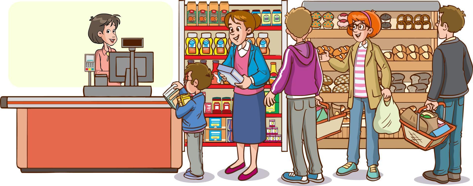 boodschappen doen kinderen en familie tekenfilm vector illustratie