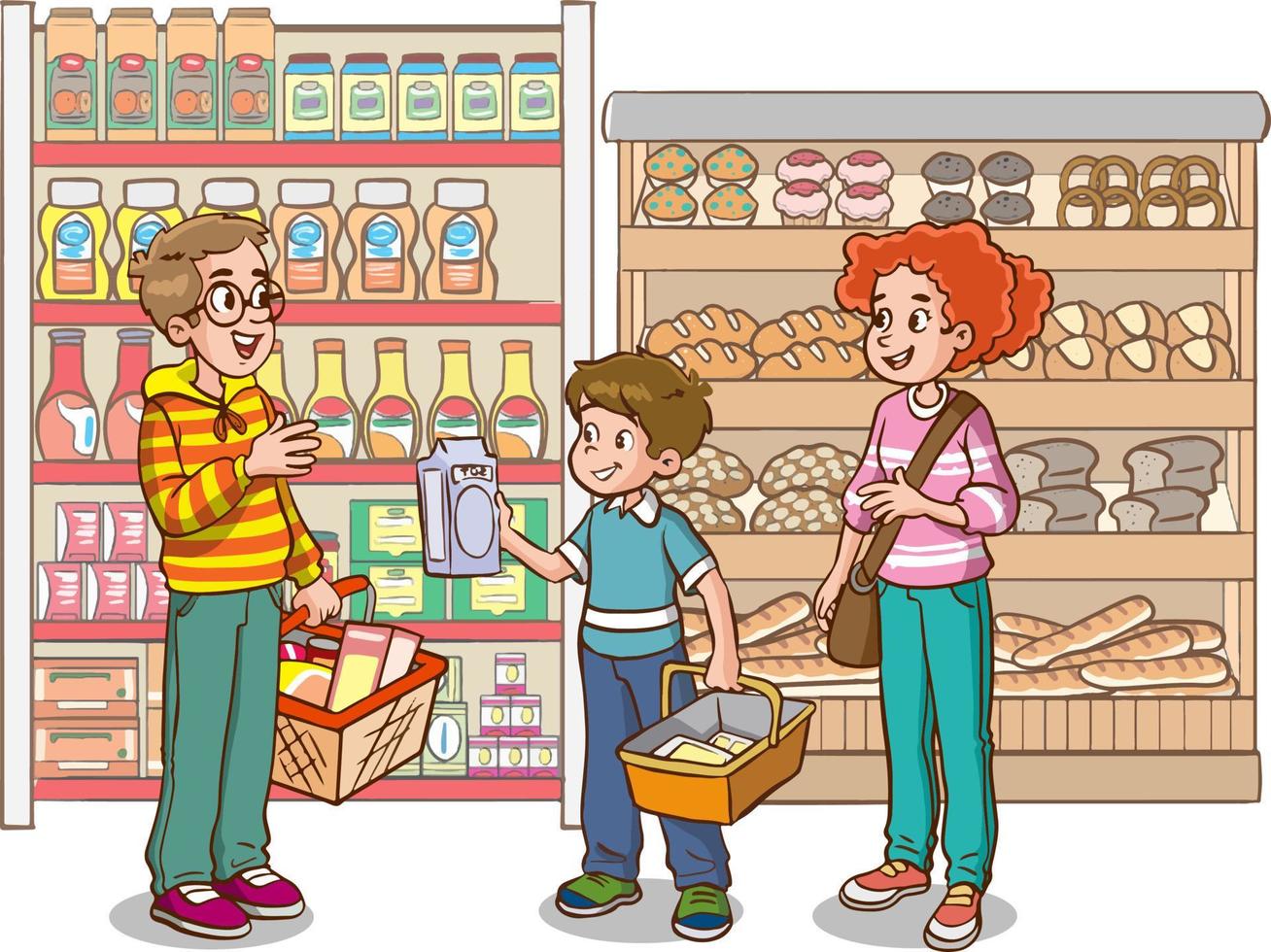 boodschappen doen kinderen en familie tekenfilm vector illustratie