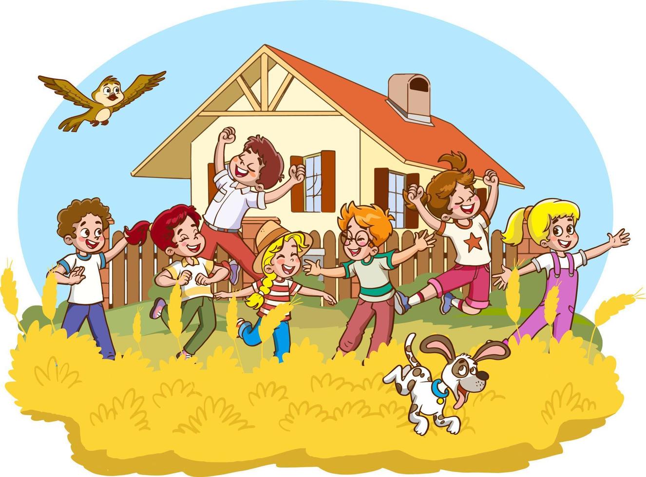 gelukkig schattig kinderen jongen en meisje springen tekenfilm vector