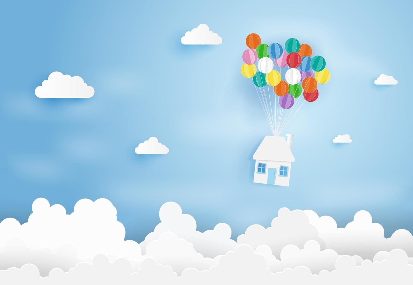 papierkunst van huis opknoping van kleurrijke ballonnen. vector
