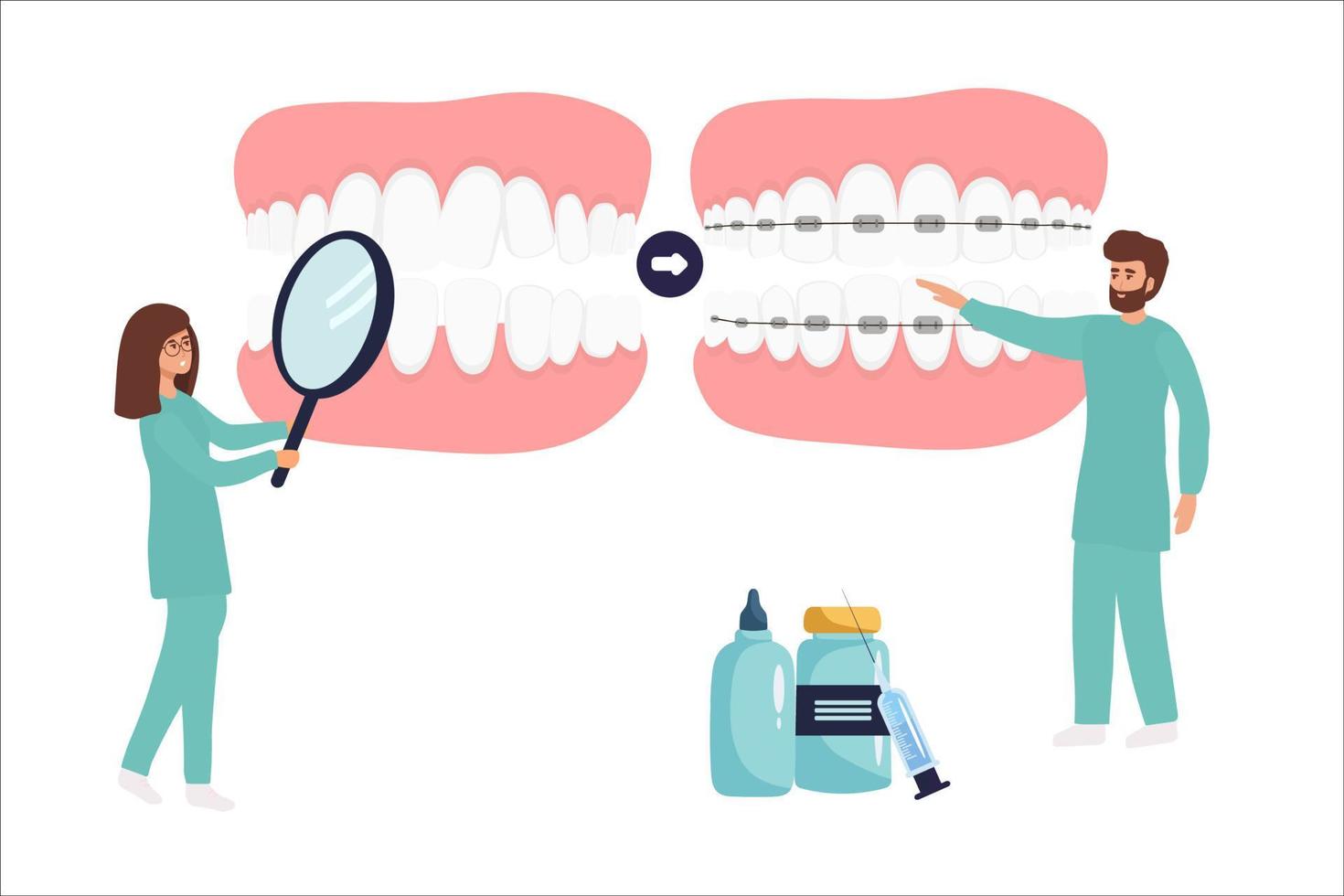 orthodontist installeert tandheelkundig een beugel voor rechttrekken. klein tandarts dokter Onderzoek röntgenstraal afbeelding van tand. tandheelkunde, een beugel installatie, tanden uitlijning. protheses, orthodontisch behandeling, vector