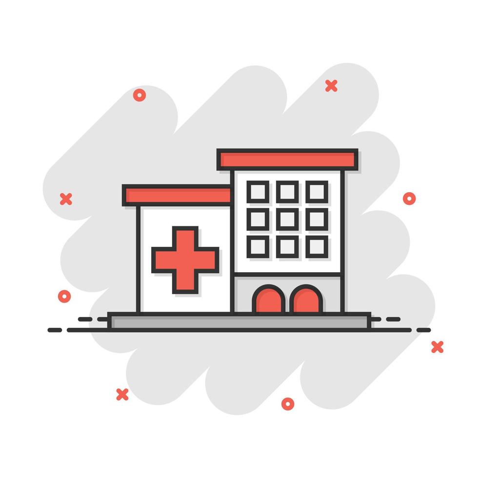 ziekenhuis gebouw icoon in grappig stijl. ziekenboeg vector tekenfilm illustratie Aan wit geïsoleerd achtergrond. medisch ambulance bedrijf concept plons effect.