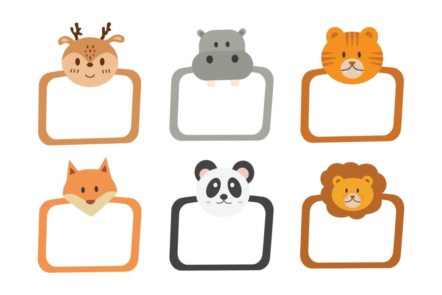 decoratief hoofd dier vector sjabloon kozijnen. 6 kaders dier gezicht hert, nijlpaard, tijger, vos, panda en leeuw