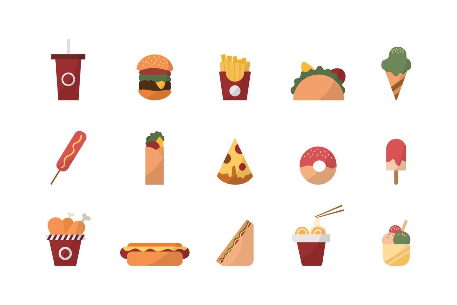 pictogrammen vlak reeks van snel voedsel geïsoleerd Aan wit achtergrond. vector