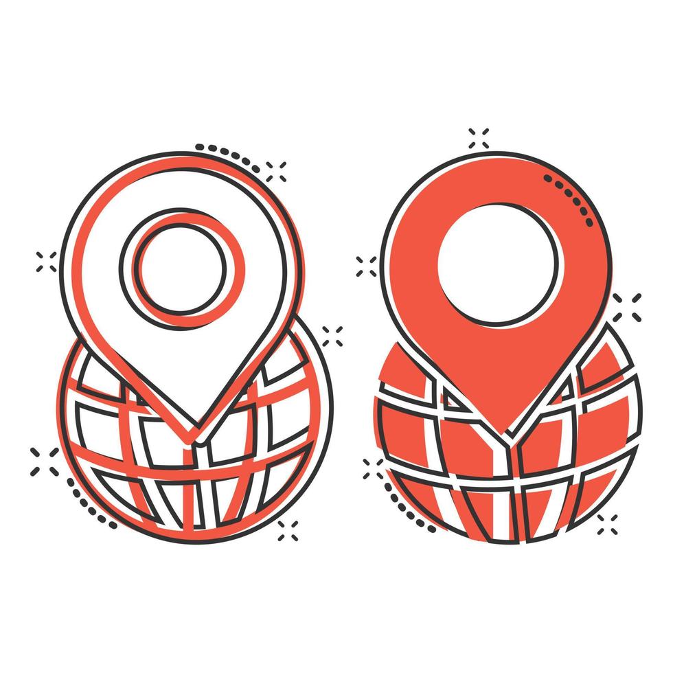 globaal navigatie icoon in grappig stijl. wereldbol pin GPS tekenfilm vector illustratie Aan wit geïsoleerd achtergrond. planeet richting plons effect bedrijf concept.
