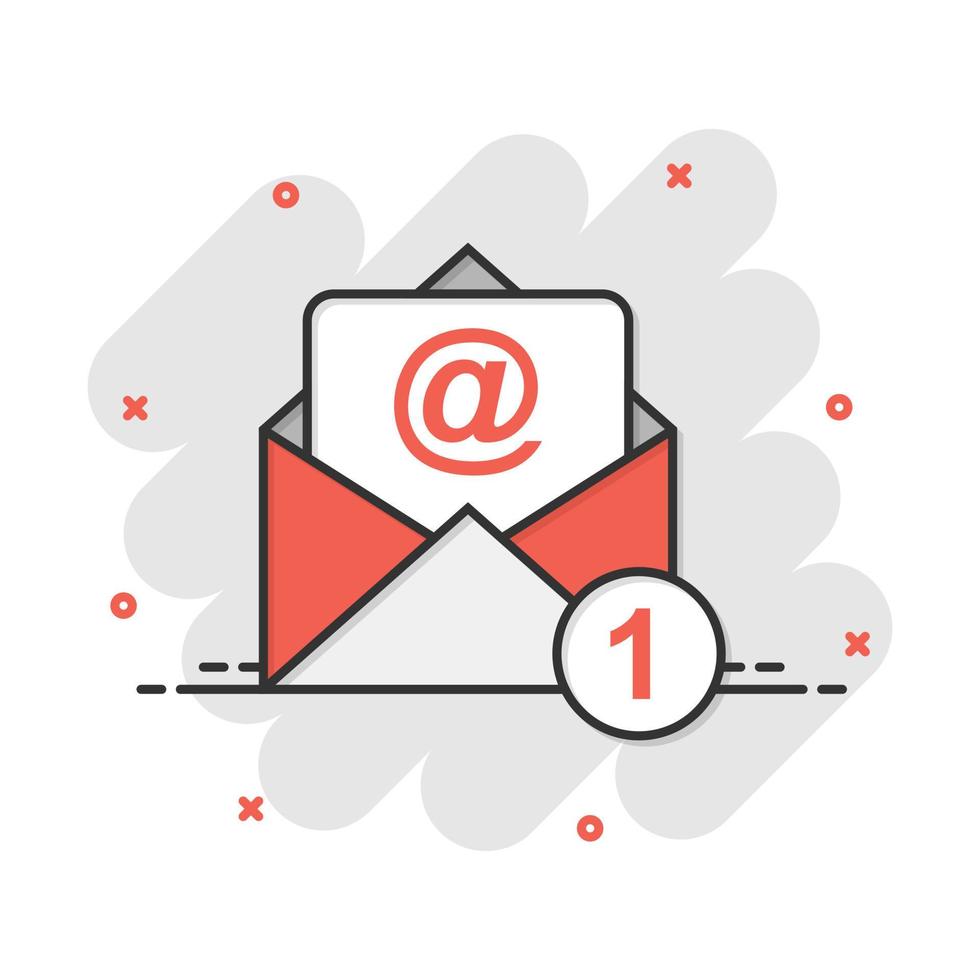 mail envelop icoon in grappig stijl. e-mail bericht vector tekenfilm illustratie pictogram. postbus e-mail bedrijf concept plons effect.