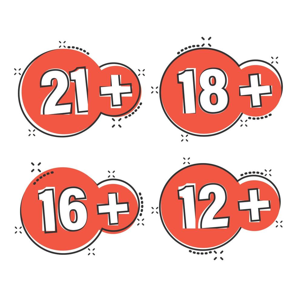 12, 16, 18, 21 plus icoon in grappig stijl. censuur tekenfilm vector illustratie Aan wit geïsoleerd achtergrond. gecensureerd plons effect bedrijf concept.