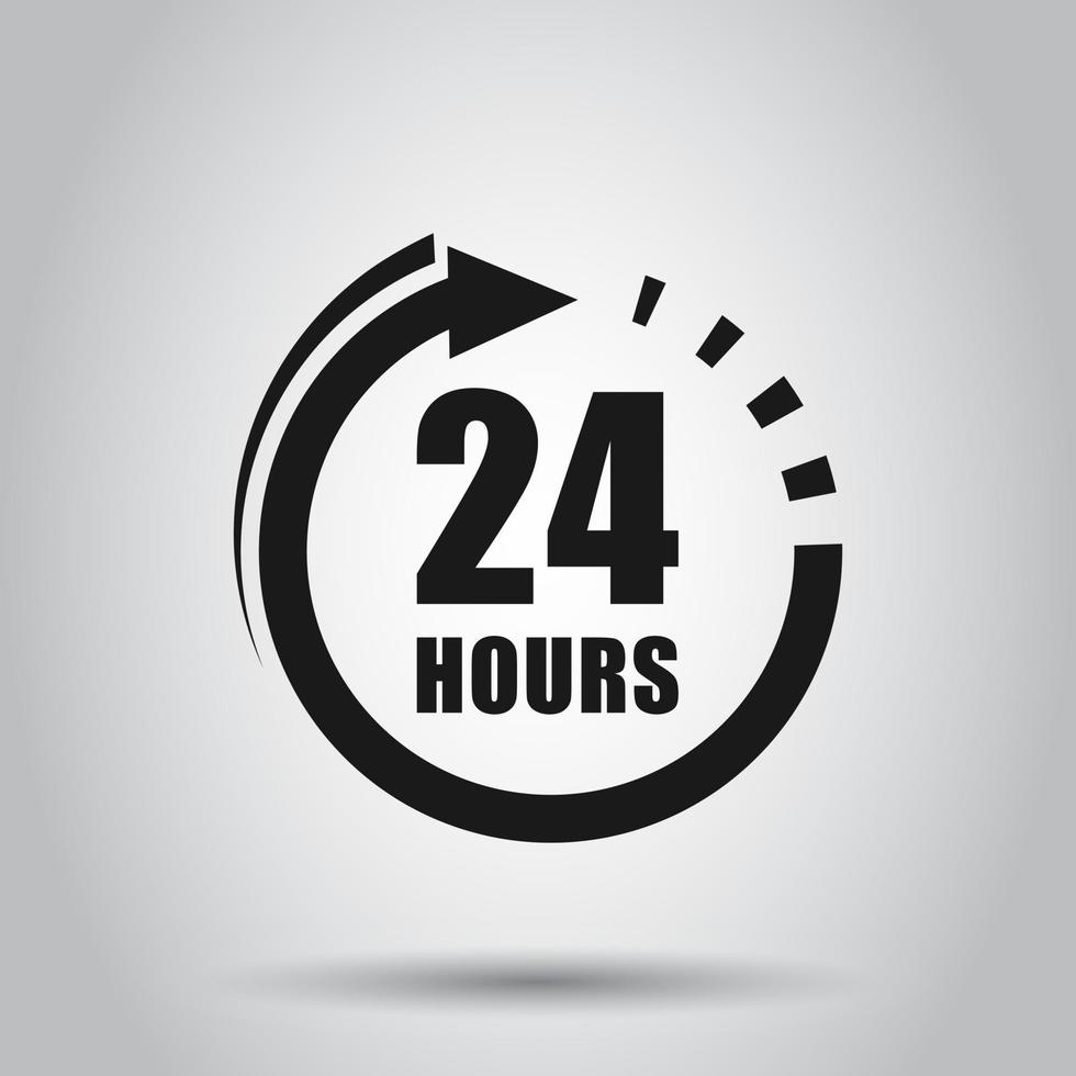 24 uren klok teken icoon in vlak stijl. twintig vier uur Open vector illustratie Aan geïsoleerd achtergrond. rooster bedrijf concept.