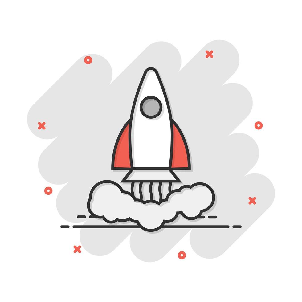 vector tekenfilm raket icoon in grappig stijl. opstarten lancering teken illustratie pictogram. raket bedrijf plons effect concept.