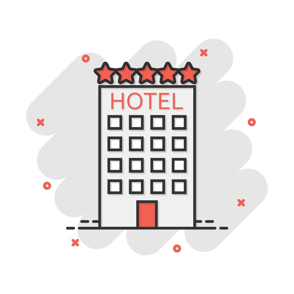 vector tekenfilm hotel icoon in grappig stijl. toren teken illustratie pictogram. hotel appartement bedrijf plons effect concept.