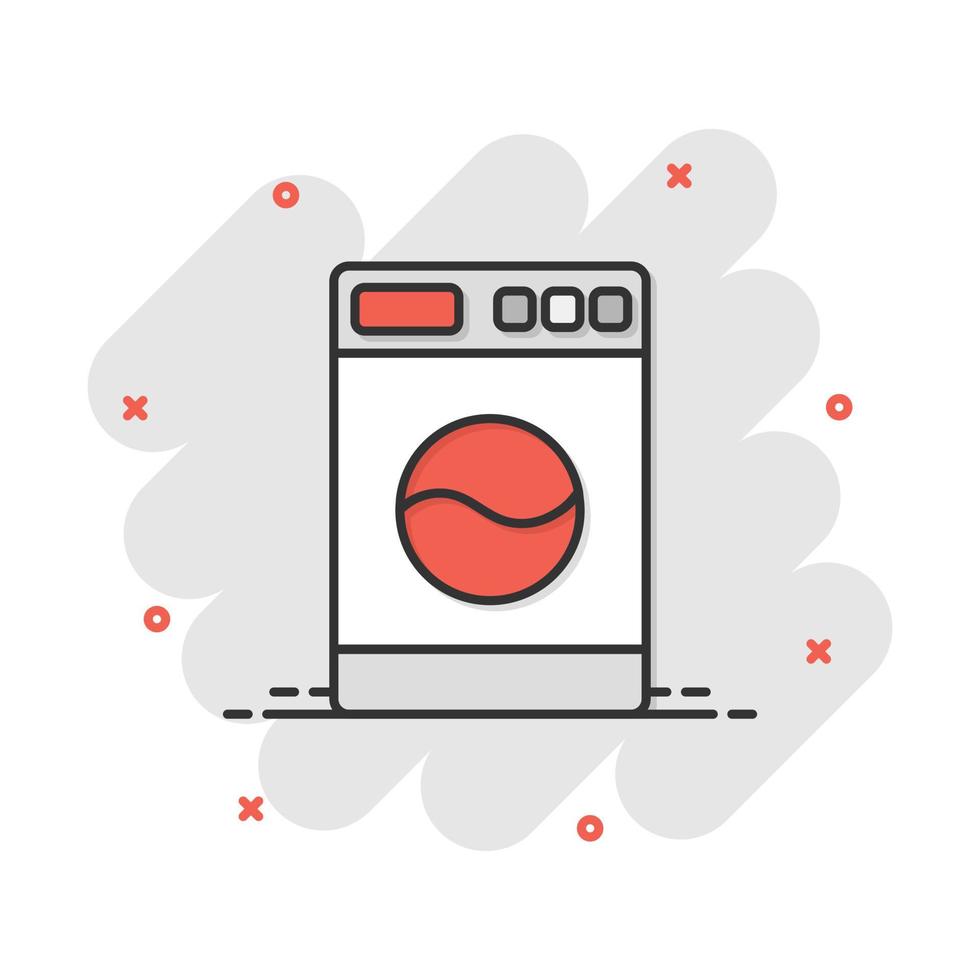 vector tekenfilm wasmachine icoon in grappig stijl. wasvrouw teken illustratie pictogram. het wassen machine bedrijf plons effect concept.