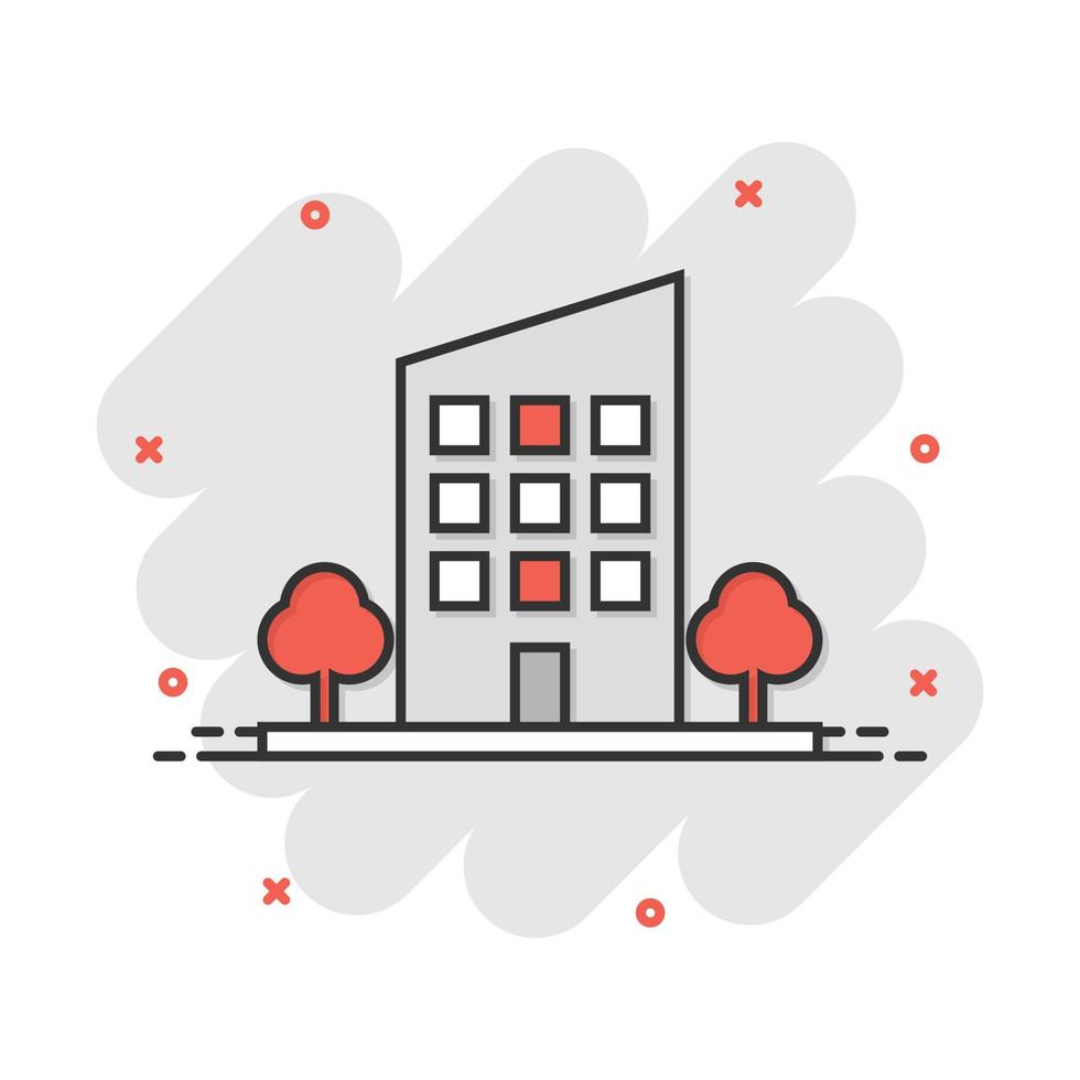 vector tekenfilm gebouw met bomen in grappig stijl. huis teken illustratie pictogram. gebouw bedrijf plons effect concept.