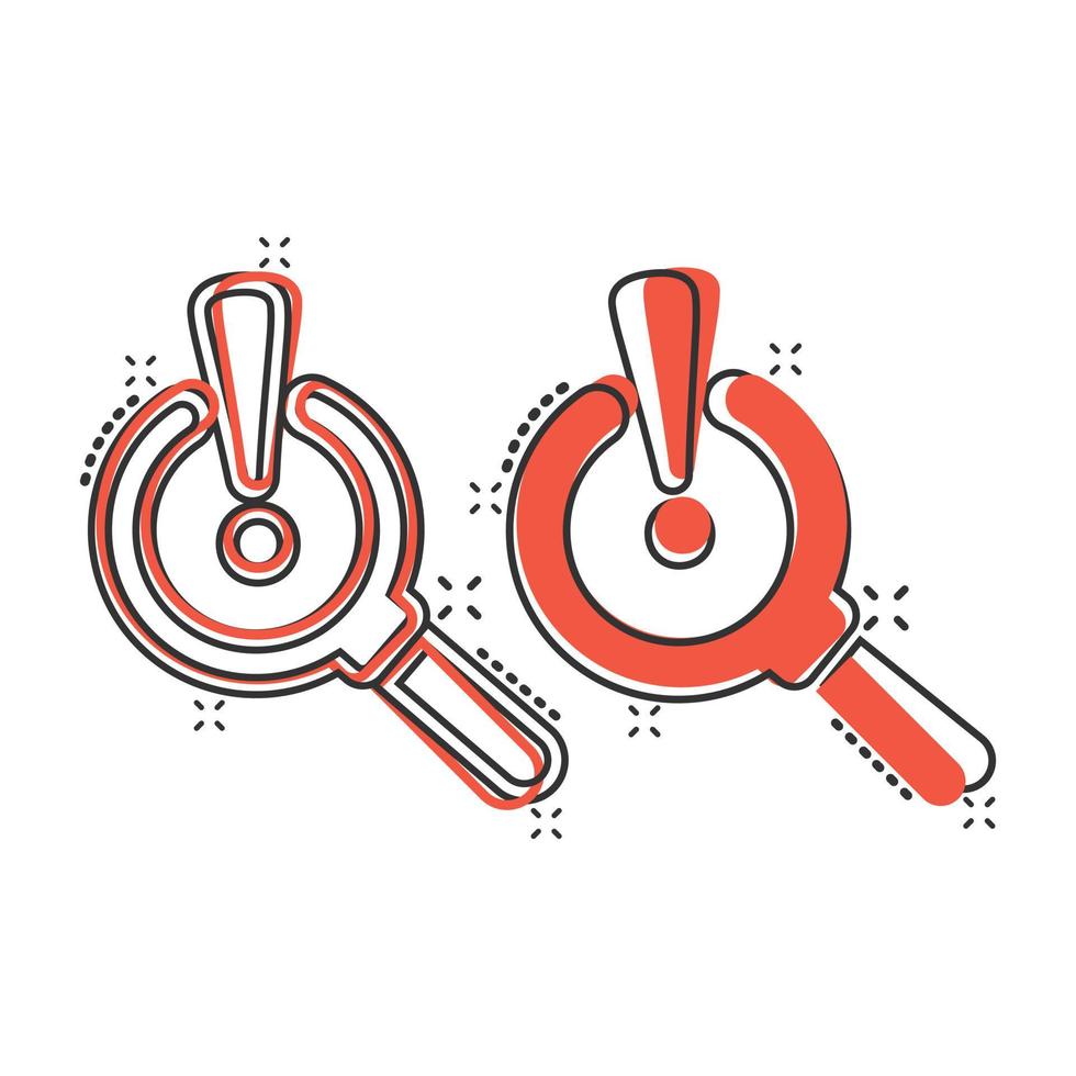 risico analyse icoon in grappig stijl. uitroep vergrootglas tekenfilm vector illustratie Aan wit geïsoleerd achtergrond. aandacht plons effect bedrijf concept.