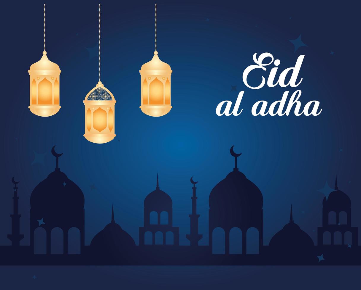 eid al adha mubarak-viering met hangende lantaarns vector