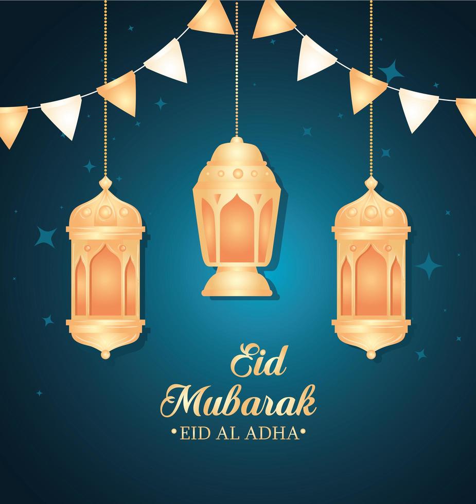 eid al adha mubarak-viering met hangende lantaarns vector