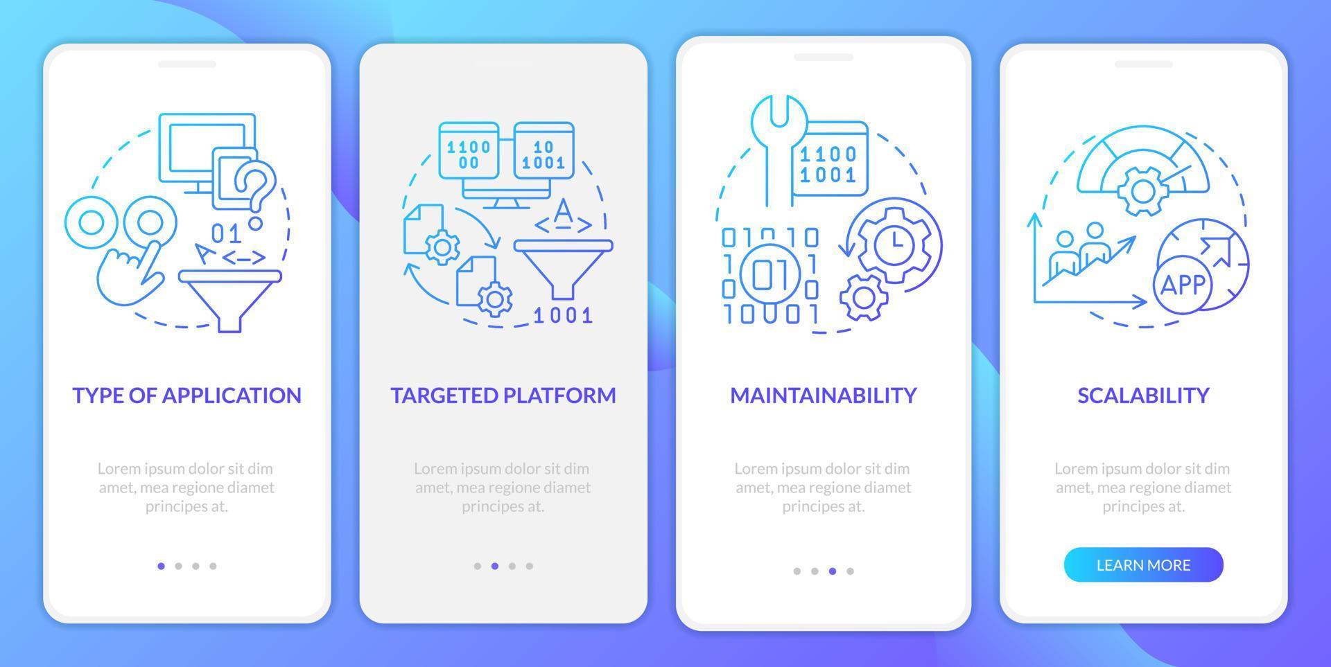 programmeren taal keuze criteria blauw helling onboarding mobiel app scherm. walkthrough 4 stappen grafisch Pagina's met lineair concepten. ui, ux, gui sjabloon vector