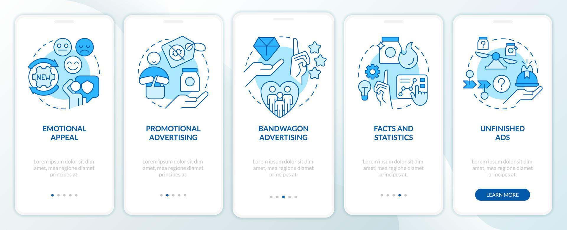 reclame strategieën in afzet blauw onboarding mobiel app scherm. walkthrough 5 stappen bewerkbare grafisch instructies met lineair concepten. ui, ux, gui sjabloon vector