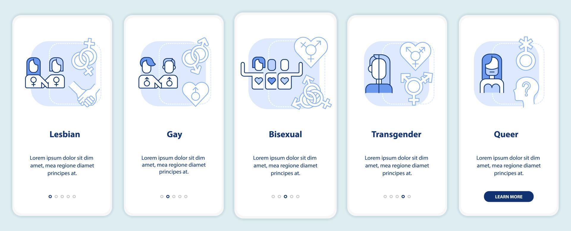 lgbt gemeenschap omvat licht blauw onboarding mobiel app scherm. walkthrough 5 stappen bewerkbare grafisch instructies met lineair concepten. ui, ux, gui sjabloon vector