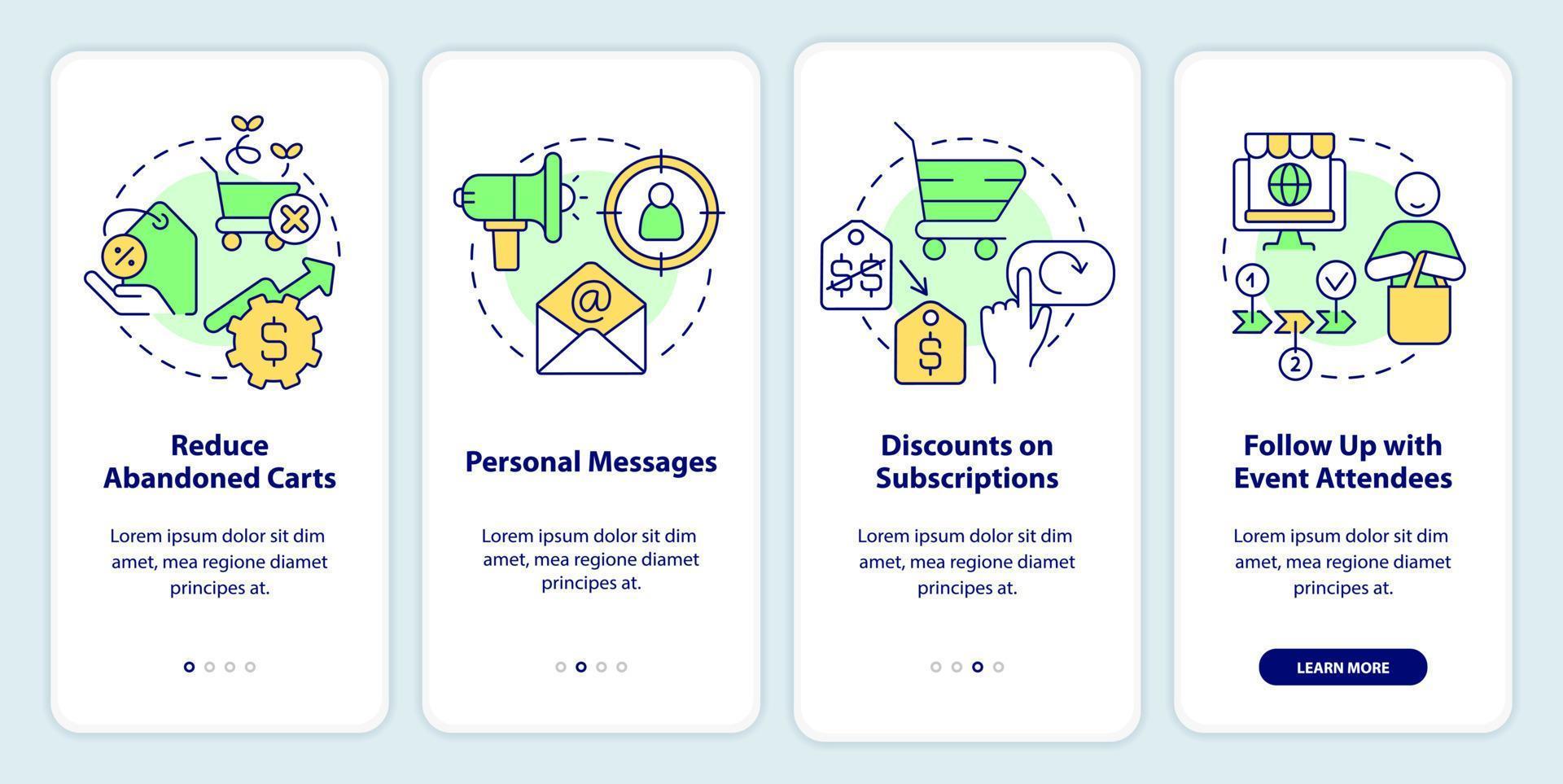 strategie van korting onboarding mobiel app scherm. bedrijf walkthrough 4 stappen bewerkbare grafisch instructies met lineair concepten. ui, ux, gui sjabloon vector