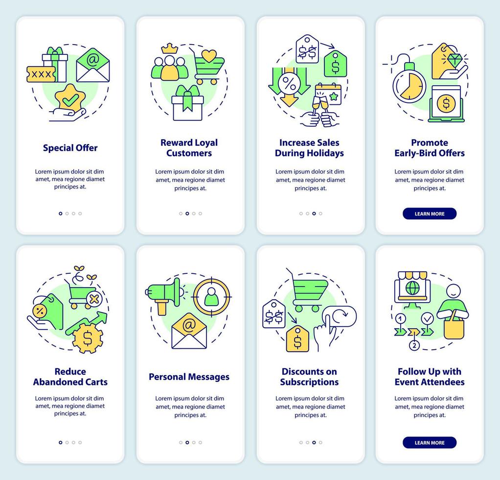 korting strategie onboarding mobiel app scherm set. verkoop walkthrough 4 stappen bewerkbare grafisch instructies met lineair concepten. ui, ux, gui sjabloon vector