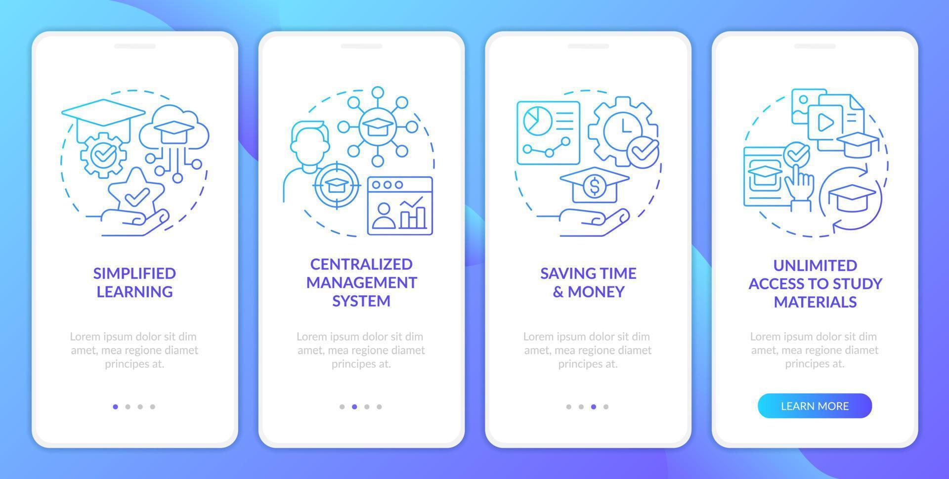 aan het leren beheer systeem voordelen blauw helling onboarding mobiel app scherm. walkthrough 4 stappen grafisch instructies met lineair concepten. ui, ux, gui sjabloon vector