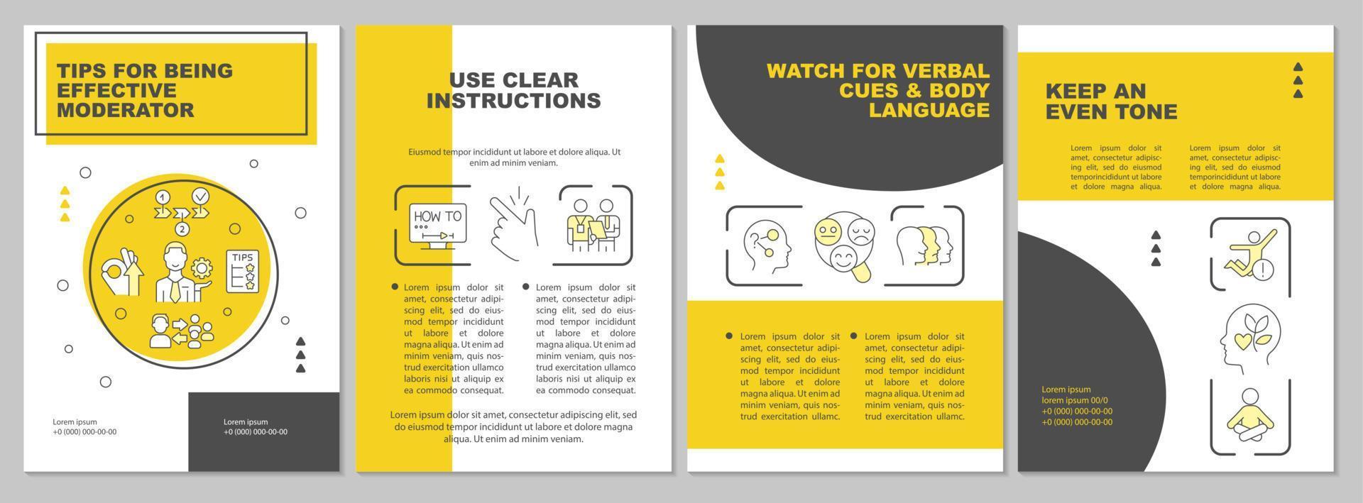 tips voor wezen effectief moderator geel brochure sjabloon. brochure ontwerp met lineair pictogrammen. bewerkbare 4 vector indelingen voor presentatie, jaar- rapporten