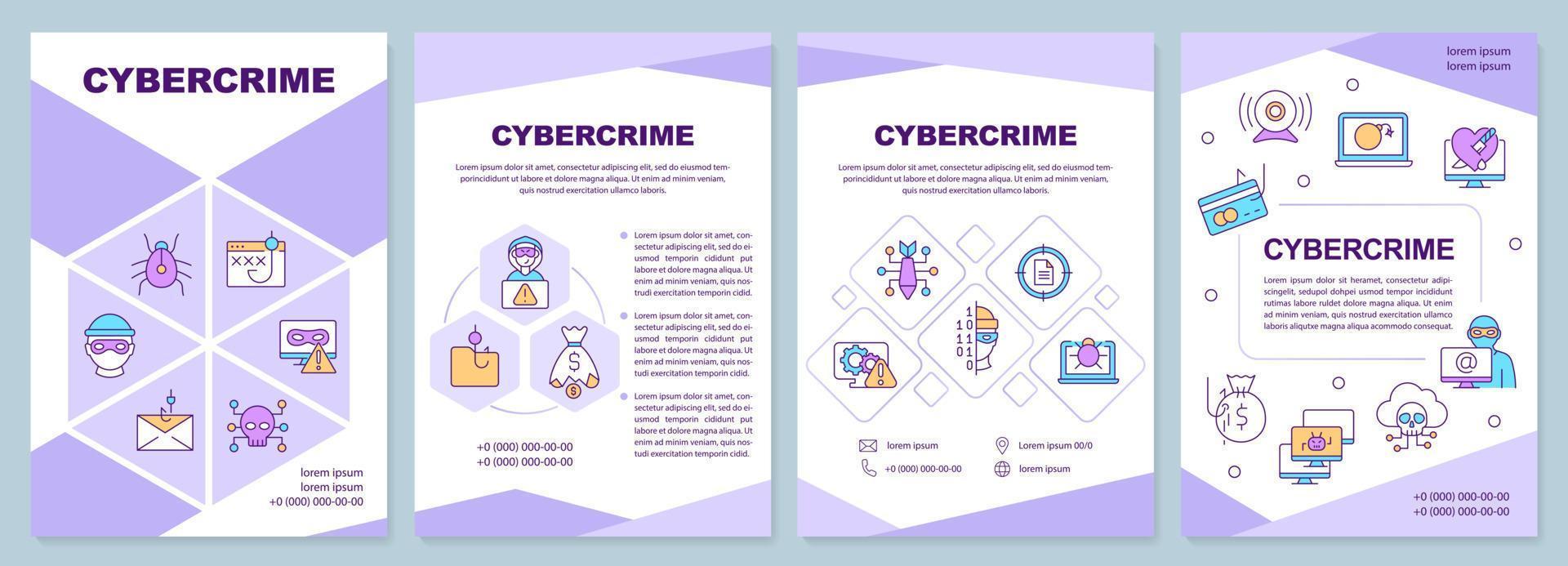 cybercriminaliteit Purper brochure sjabloon. digitaal aanvallen gevaar. brochure ontwerp met lineair pictogrammen. bewerkbare 4 vector indelingen voor presentatie, jaar- rapporten