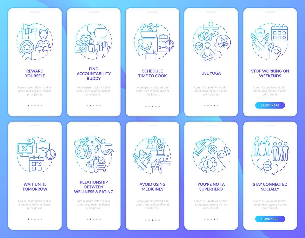 werknemer mentaal Gezondheid blauw helling onboarding mobiel app scherm set. walkthrough 5 stappen bewerkbare grafisch instructies met lineair concepten. ui, ux, gui sjabloon vector