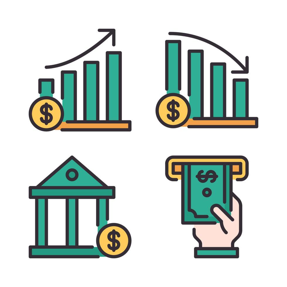 valuta pictogrammen set. voorraad toenemen, voorraad kleiner worden, bank, geld terugtrekken. perfect voor website mobiel app, app pictogrammen, presentatie, illustratie en ieder andere projecten vector