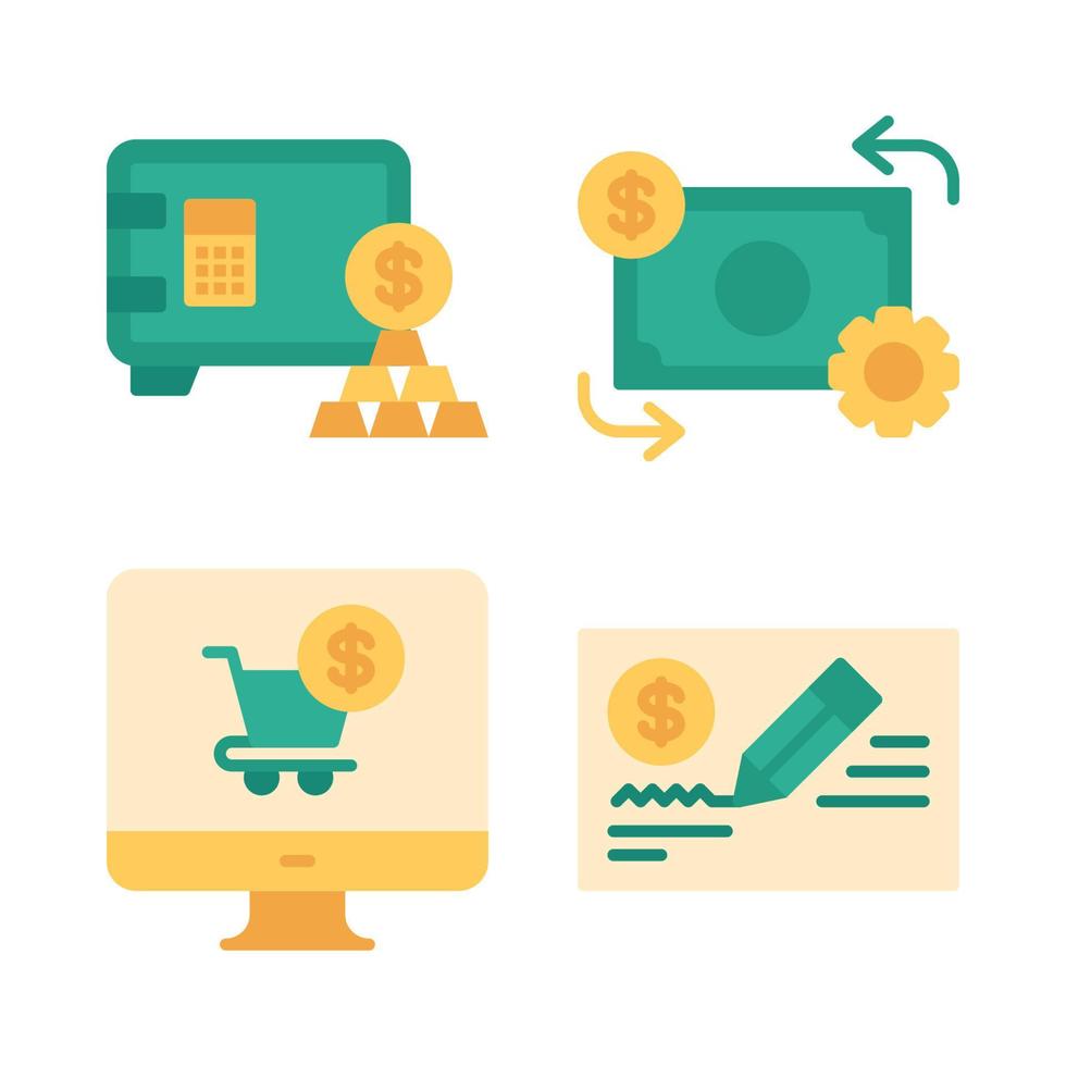 valuta pictogrammen set. geld besparing, geldstroom, monitor, bank controleren. perfect voor website mobiel app, app pictogrammen, presentatie, illustratie en ieder andere projecten. vector