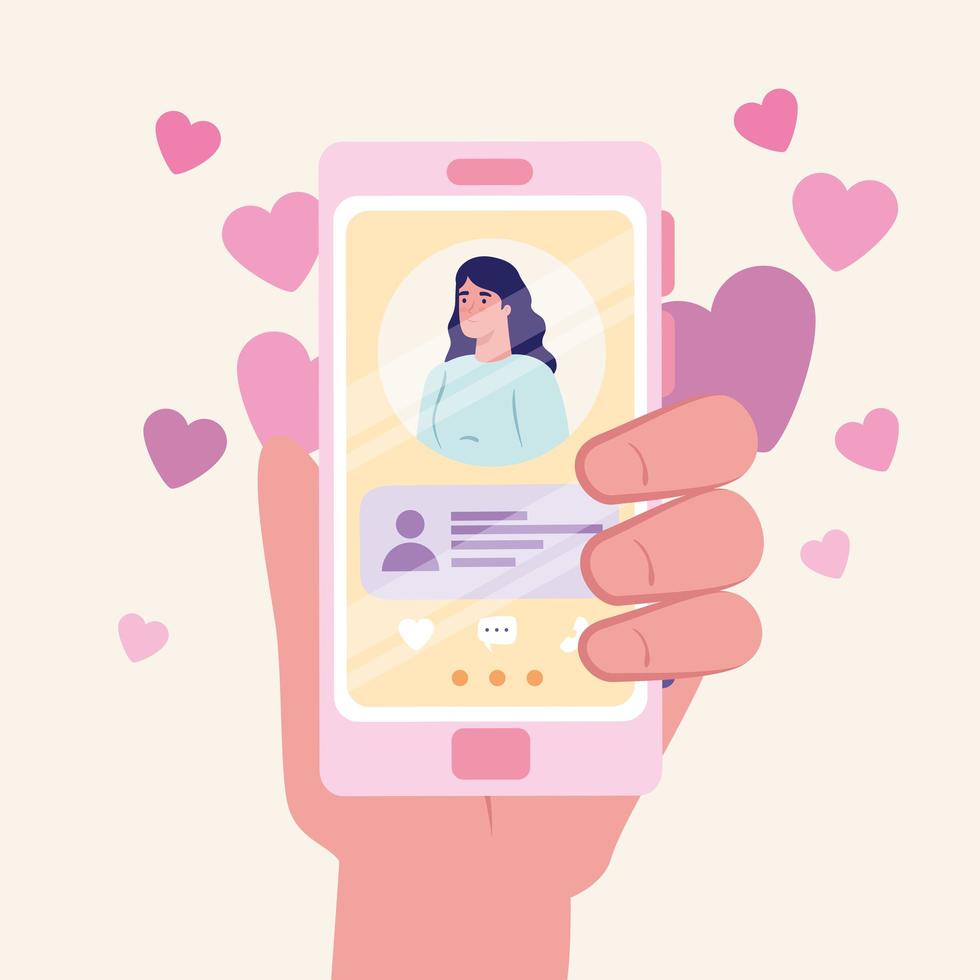 online dating service applicatie met hand met een smartphone met vrouwenprofiel vector