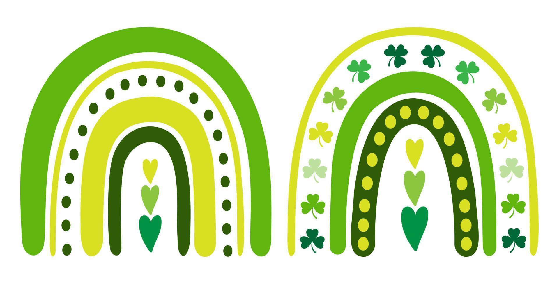 hand- getrokken klem kunst reeks van Iers regenbogen met harten en Lucky klaver bladeren Aan geïsoleerd achtergrond. boho stijl ontwerp voor st. patricks dag viering, partij decoratie, scrapbooken, huis decor. vector