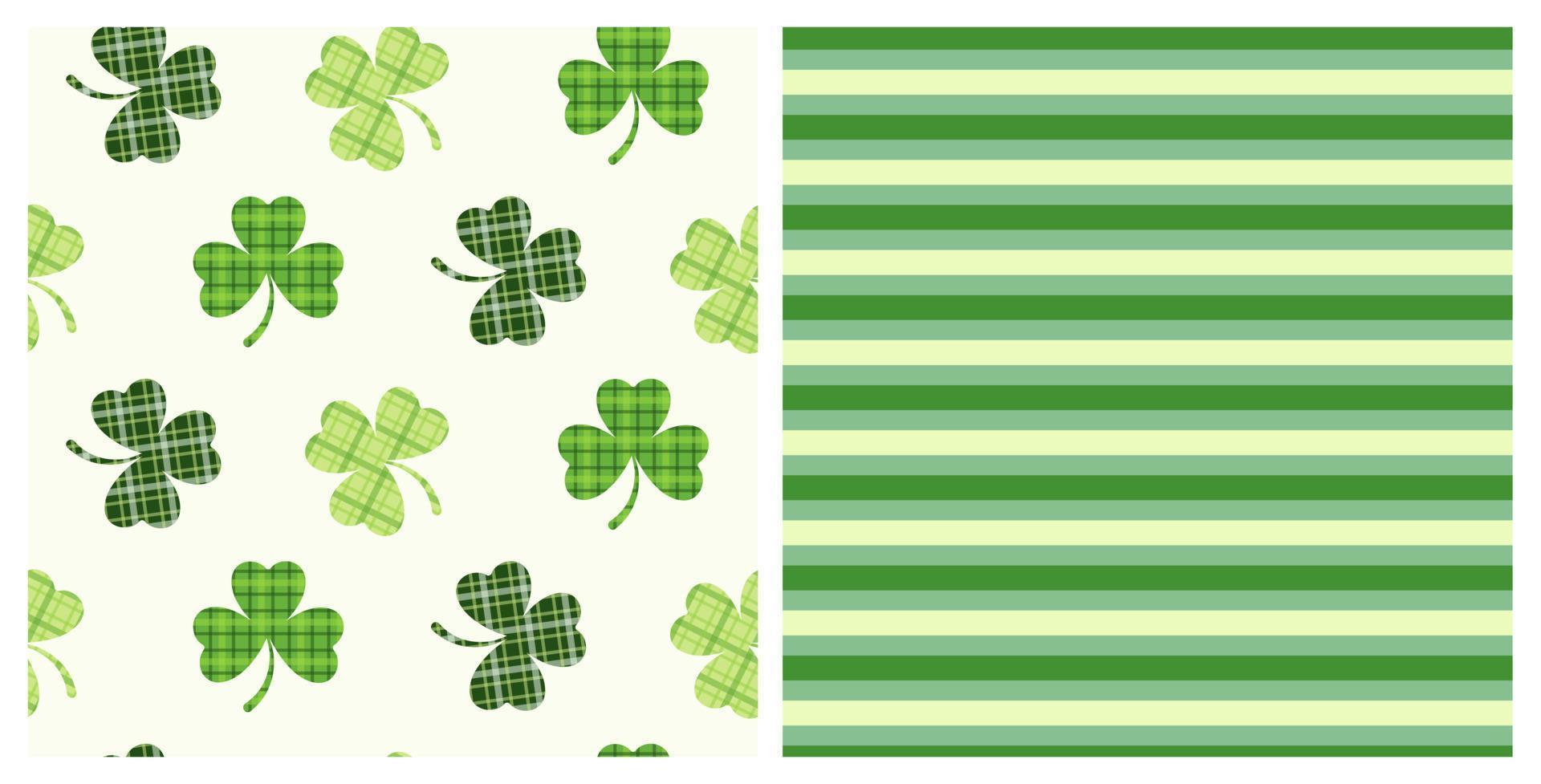 st. patricks dag reeks van twee naadloos decoratief patroon van Iers Schotse ruit Klaver bladeren en groen strepen. hand- getrokken ontwerp voor st. rijstveld dag viering, partij decoratie, scrapbooken, textiel. vector