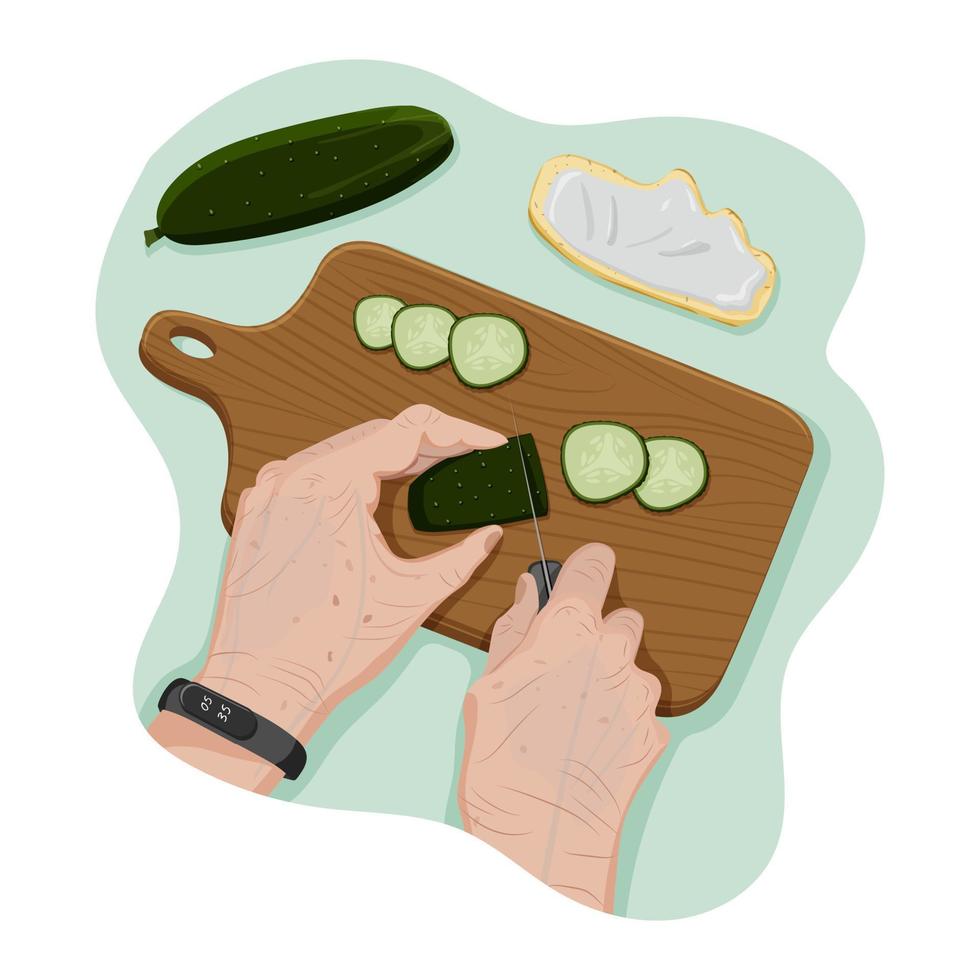 handen van senior met SmartWatch besnoeiing komkommer met een mes Aan een houten hakken bord, een ander komkommer en belegd broodje met room kaas in de omgeving van. persoonlijk punt van visie. werkwijze van Koken. vector vlak