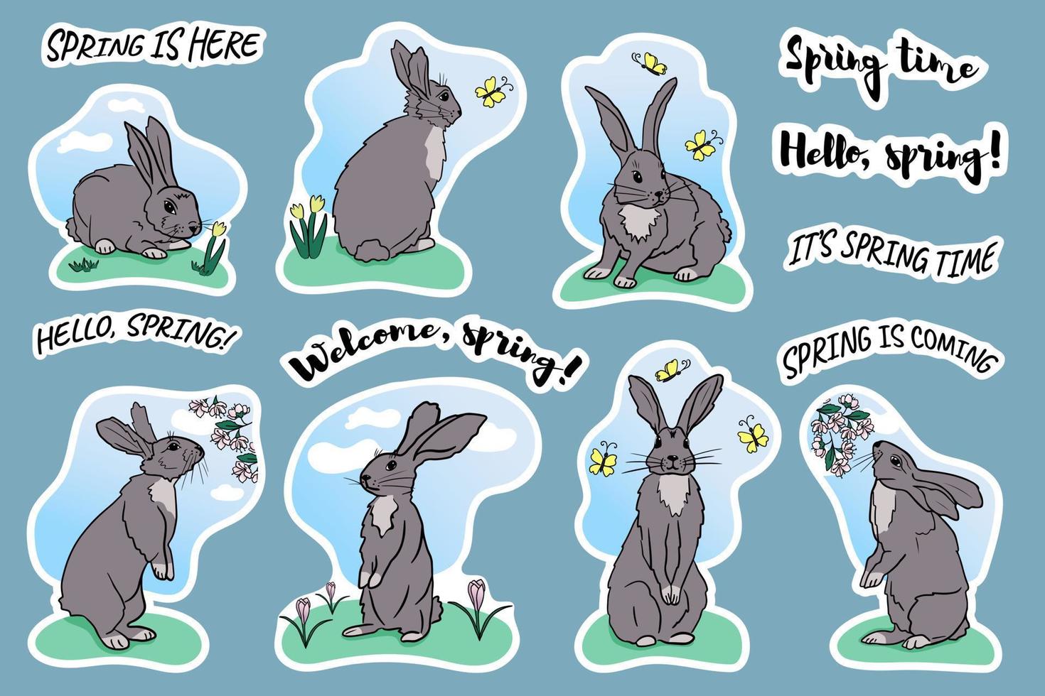voorjaar reeks van hand- getrokken stickers met tekenfilm konijnen, voorjaar bloemen, vlinders en voorjaar gezegden. hand- getrokken geïsoleerd vector vlak illustratie. sjabloon voor kaarten, textiel het drukken