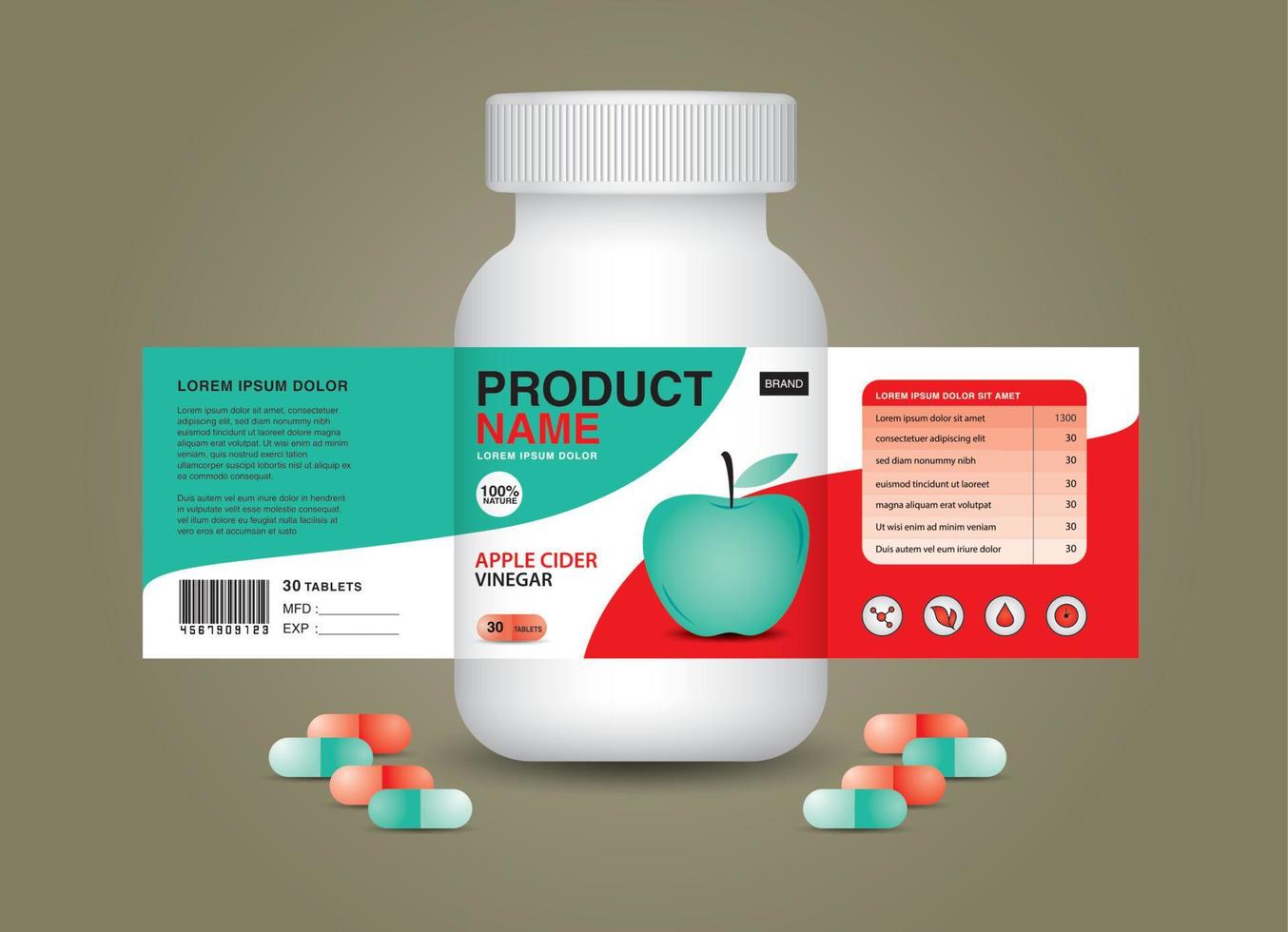 appel supplement fles verpakking, kunstmatig verpakking. Product ontwerp. schoonheid label, 3d supplement fles, 3d wit plastic pillen doos, wit medisch container. gezondheidszorg fles, realistisch maquette. vector