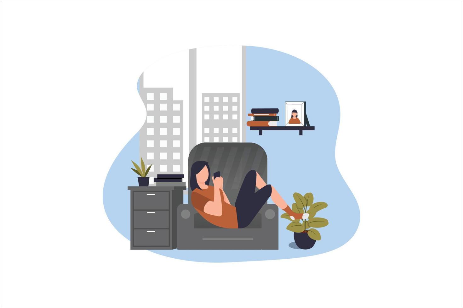 een meisje zittend Aan de sofa spelen smartphone. vector vlak illustratie.sjabloon, tekenfilm stijl