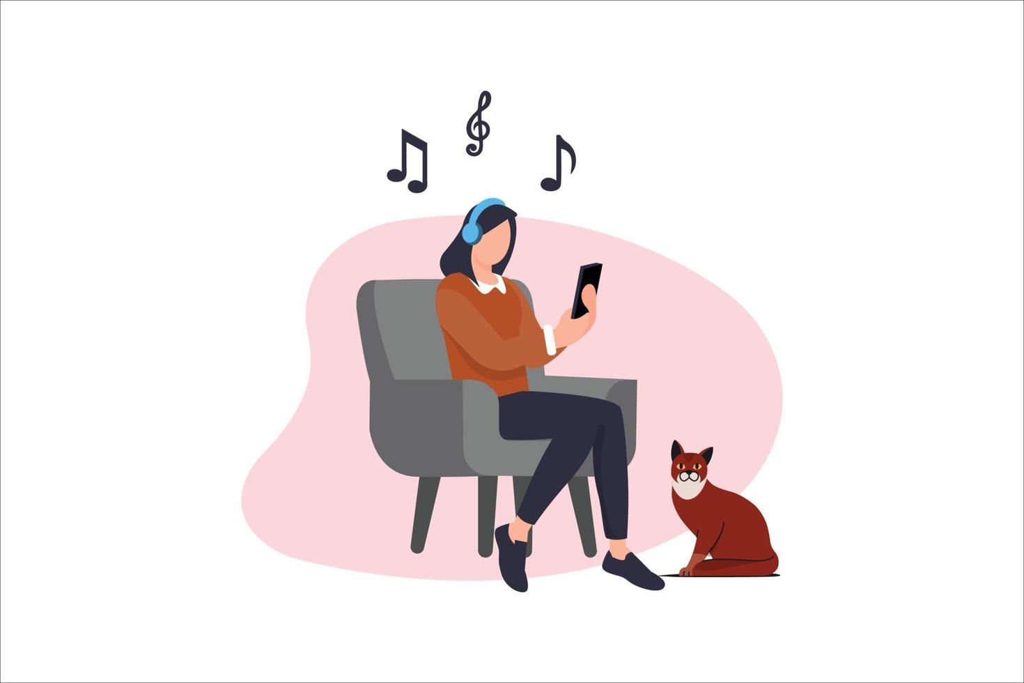 vlak meisje in hoofdtelefoons slank Aan smartphone en luister muziek- van smartphone. vector illustratie. sociaal media concept. geïsoleerd