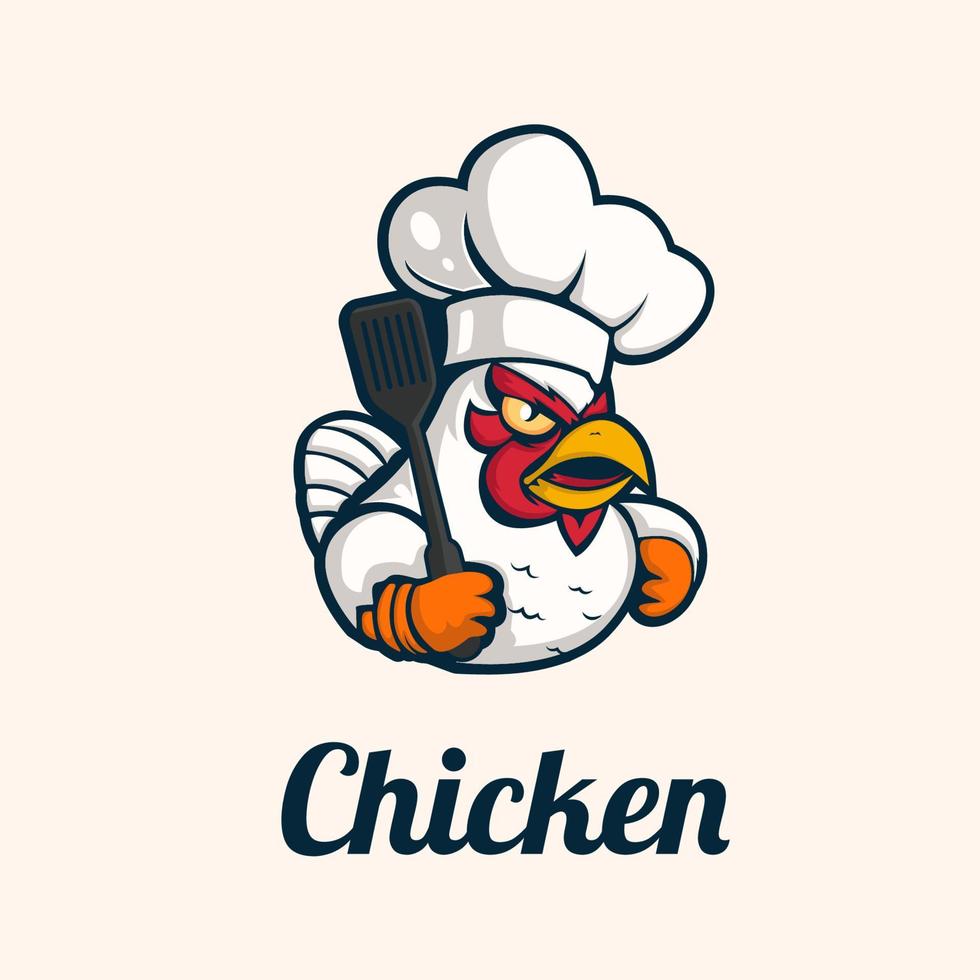 gebakken kip haan chef mascotte logo voor voedsel restaurant concept branding in vector tekenfilm stijl