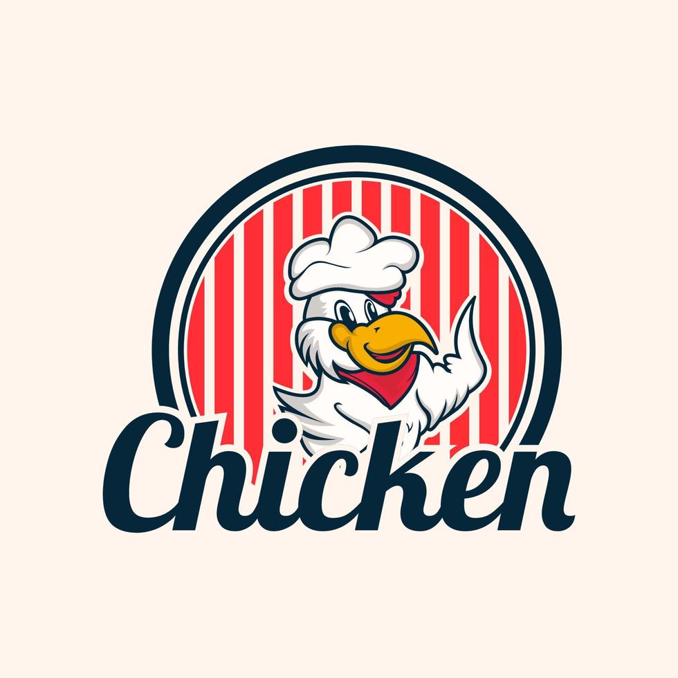 gebakken kip haan chef mascotte logo voor voedsel restaurant concept branding in vector tekenfilm stijl