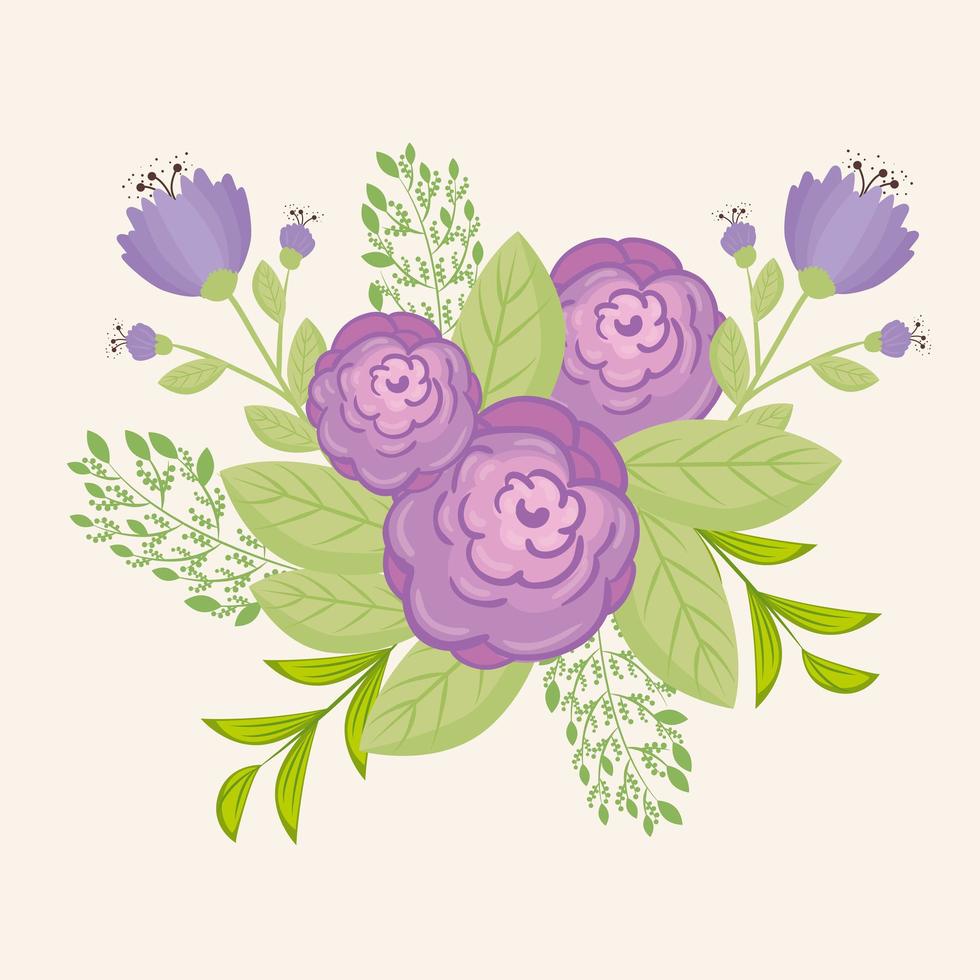 paarse bloemen met takken en bladeren voor natuurdecoratie vector