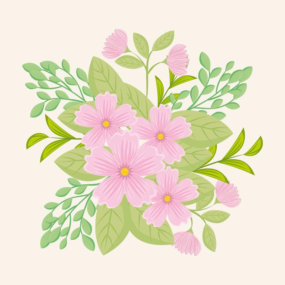 roze bloemen met takken en bladeren voor natuurdecoratie vector