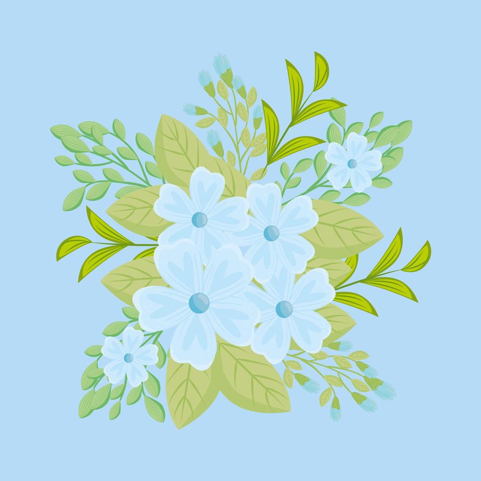 blauwe bloemen met takken en bladeren voor natuurdecoratie vector