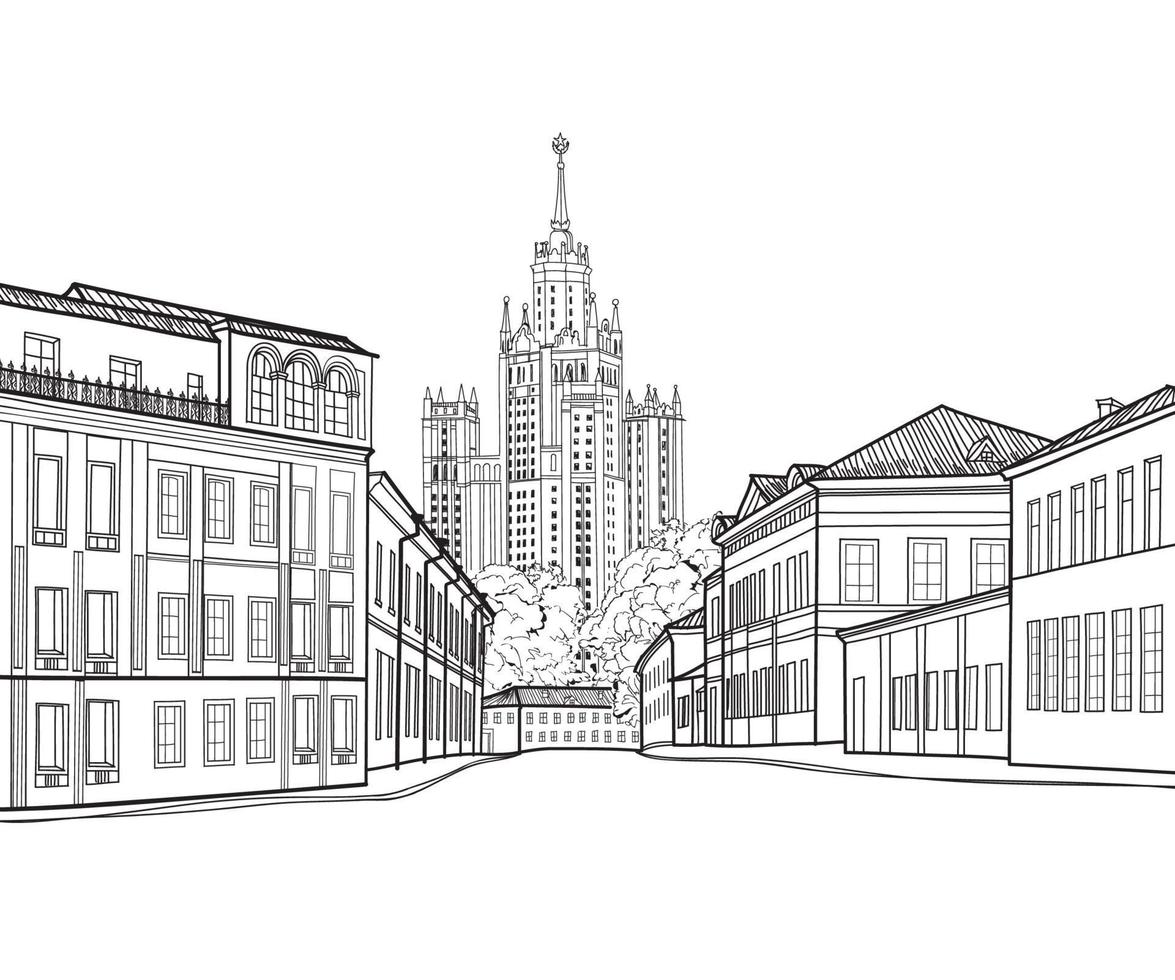 Moskou stadsstraat met de beroemde Stalin-wolkenkrabberbouw op de achtergrond. vector